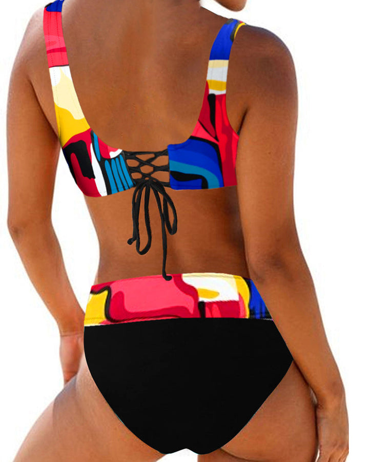 Model wearing a vibrant bikini against a plain setting for warm-weather swim outfits, back angle  view