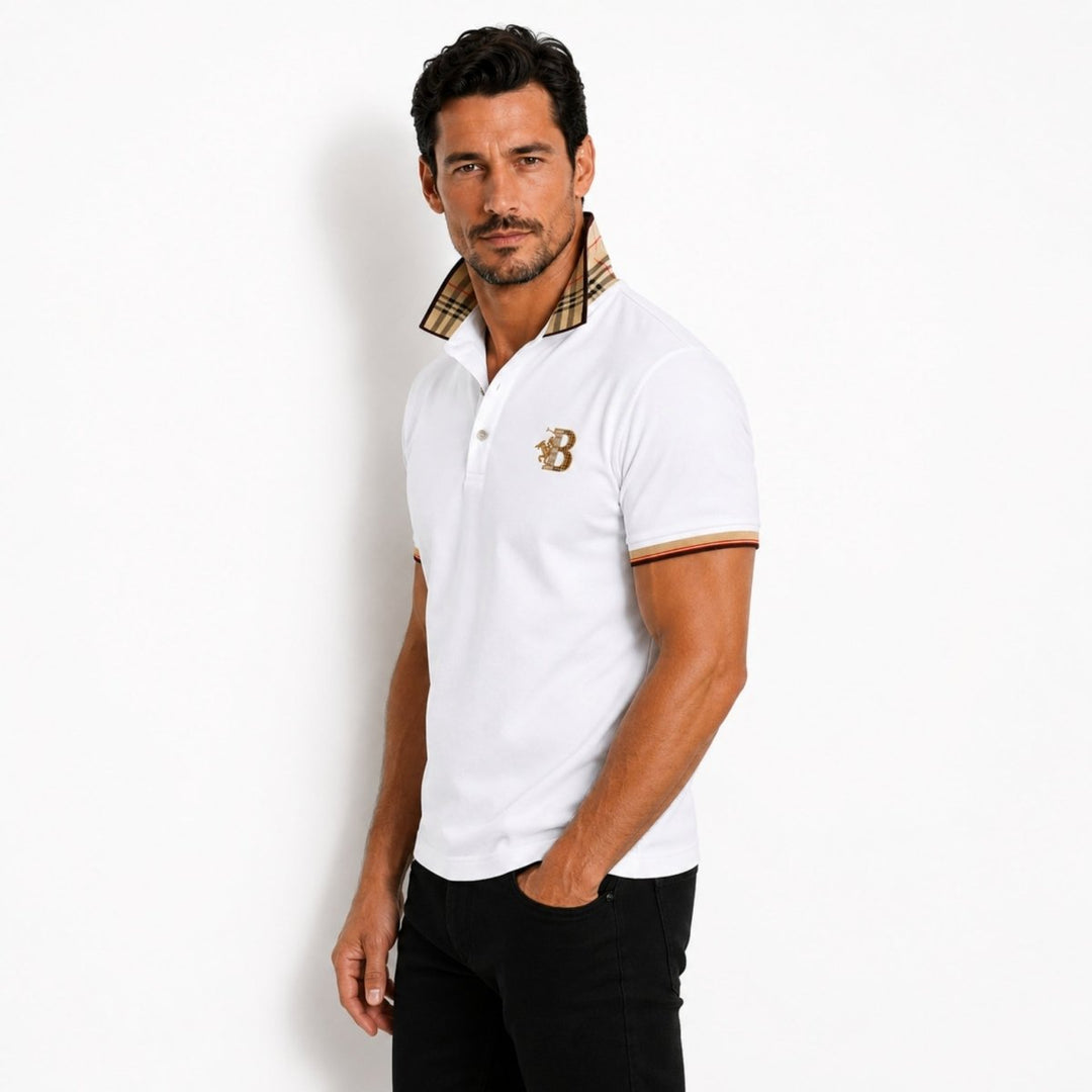Model showcasing a short sleeve polo shirt with neat ribbed collar on a plain background.