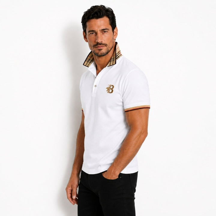 Model showcasing a short sleeve polo shirt with neat ribbed collar on a plain background.