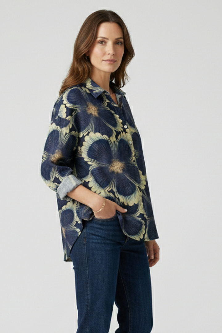 Multicolor floral blouse side view plain background