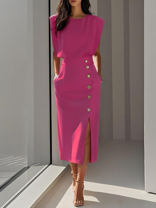  Female model presenting a figure-enhancing midi dress on a plain background.
