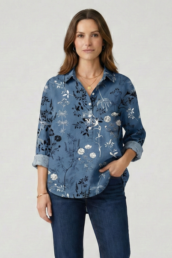 Model wearing floral blouse relaxed fit daily wear