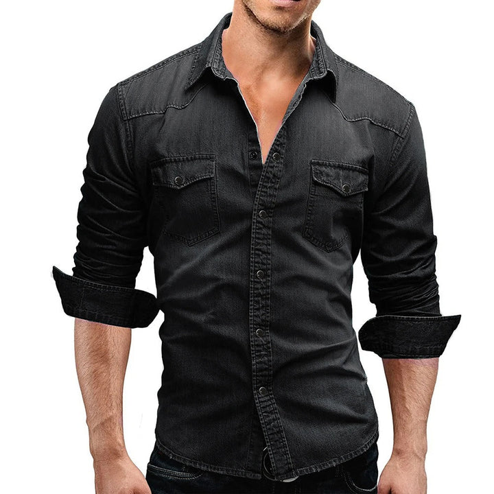  Male model in a casual collared shirt with flap chest pockets against a plain background.