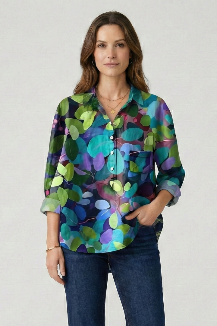 Women blouse floral print front minimal background