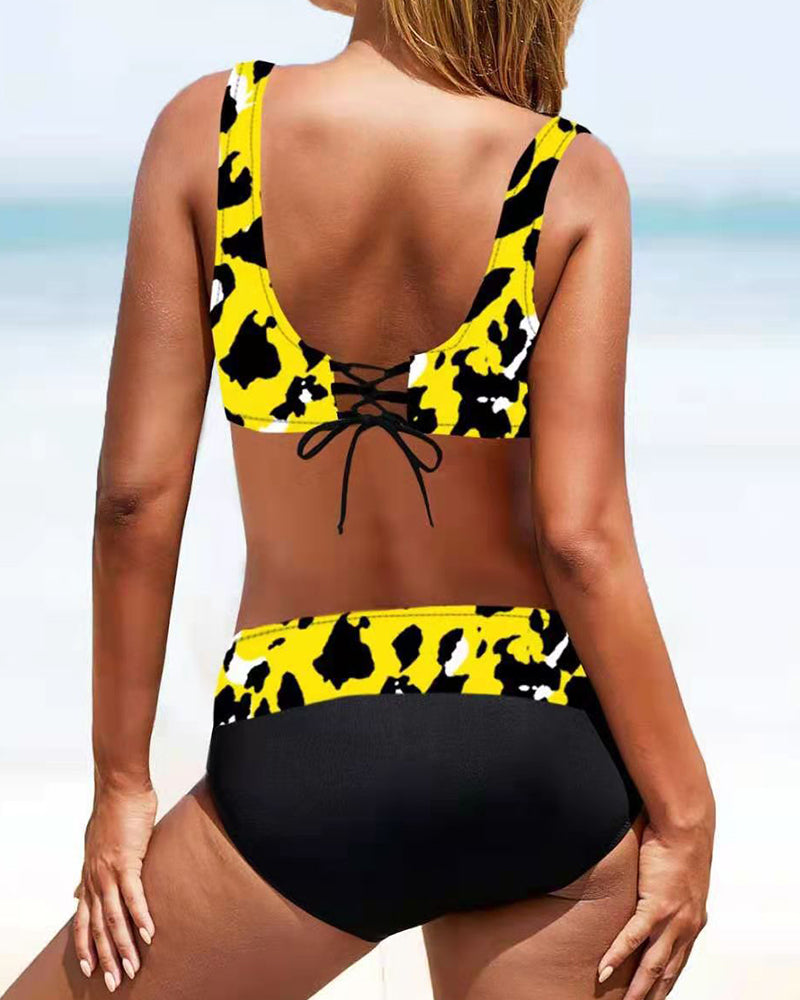 Woman wearing a summer bikini look with a clean background for getaway outfits, back angle 