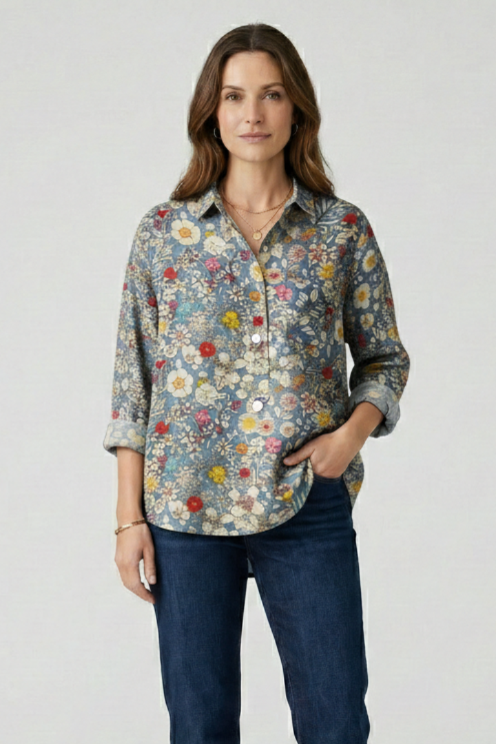 Buttoned floral blouse casual styling front model pose