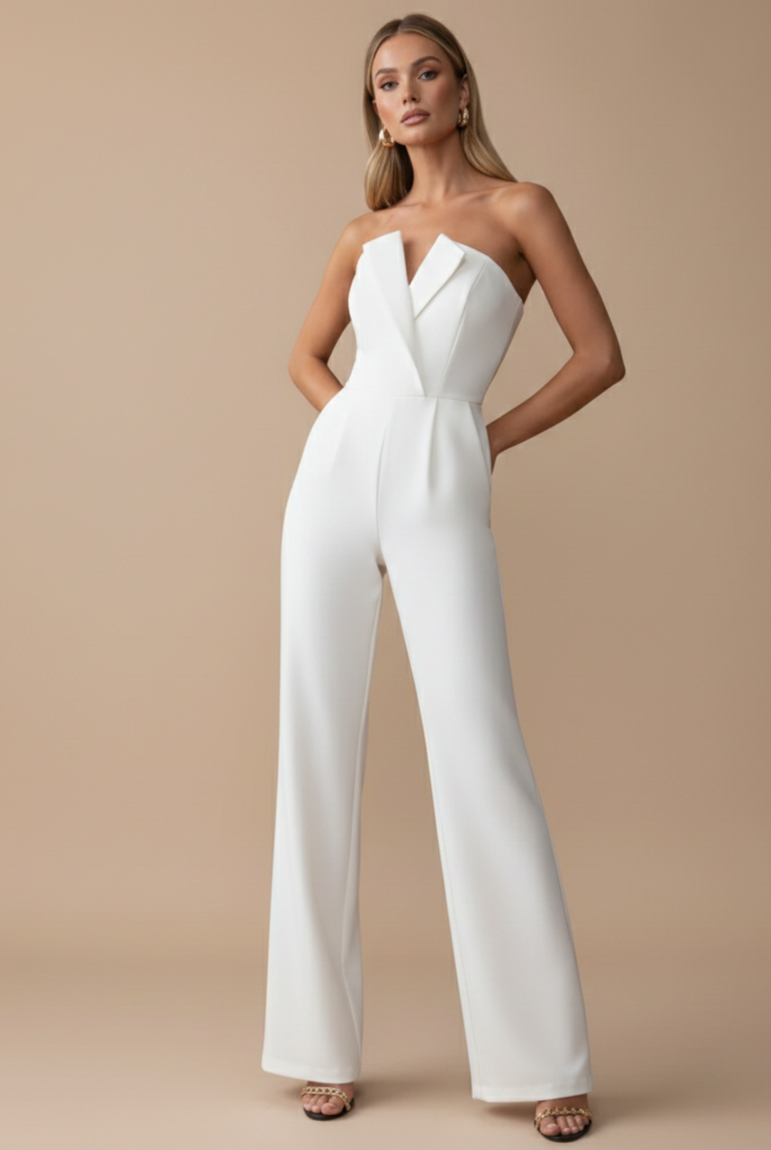 Full body shot model standing straight plain background wide trousers