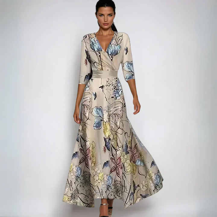 Lady showcasing a V-neck floral wrap maxi dress with belted waist.