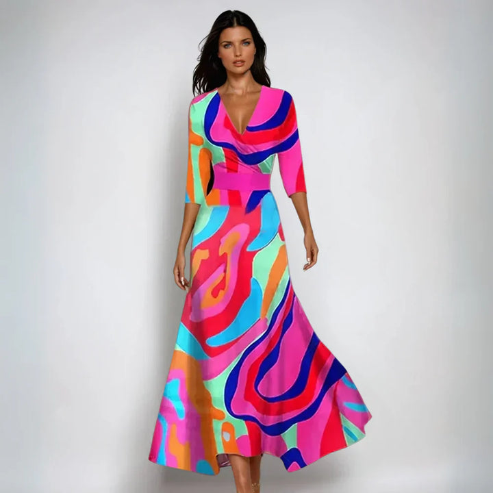 Woman model in a belted floral maxi dress with a flattering wrap design.