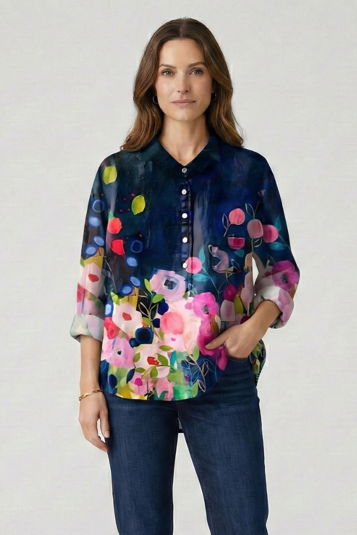 Woman in floral blouse modern everyday fashion clean background