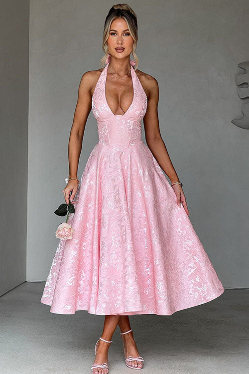 Women’s flared occasion dress shown on a plain background.