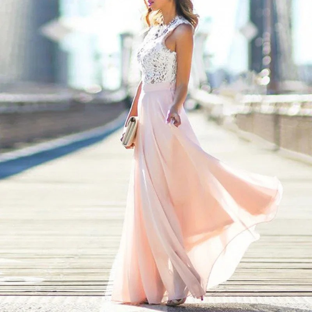Woman standing side angle embellished maxi dress