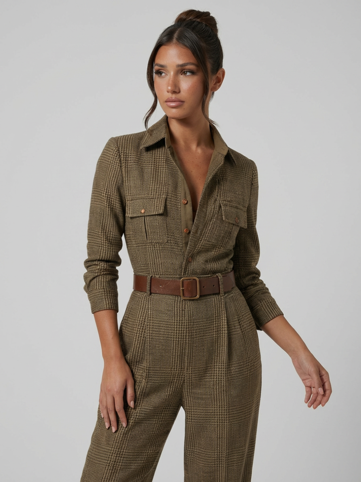 Woman wearing a structured sleeveless jumpsuit with beige check design on a plain background.