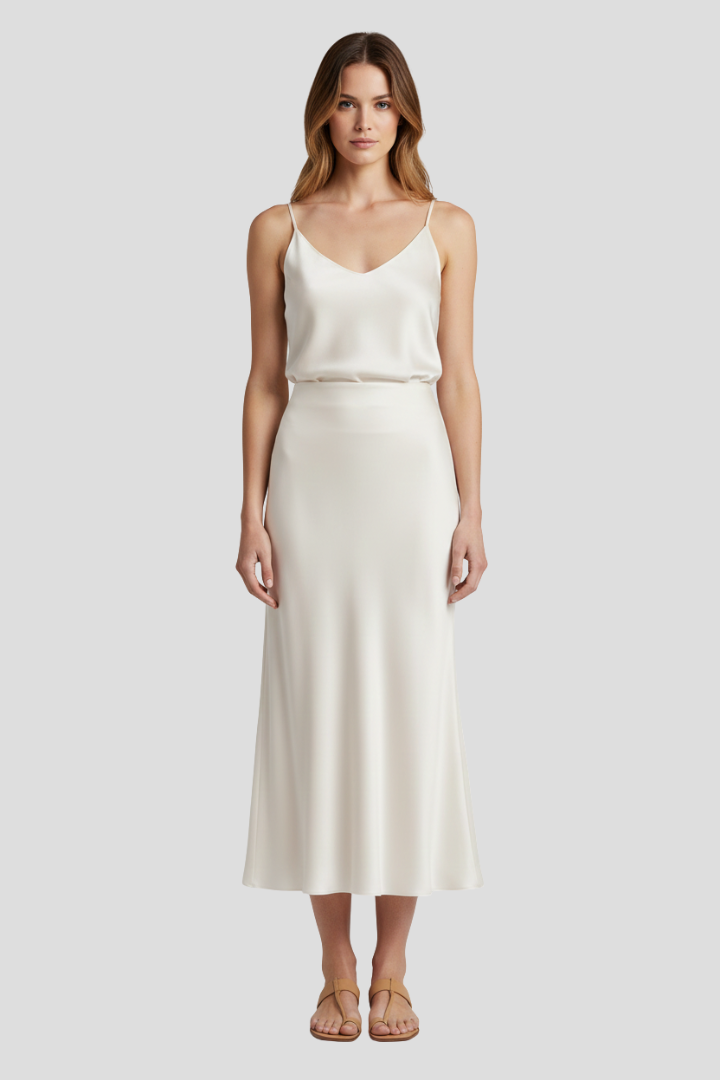 Model wearing draped satin midi skirt, all white in gray background