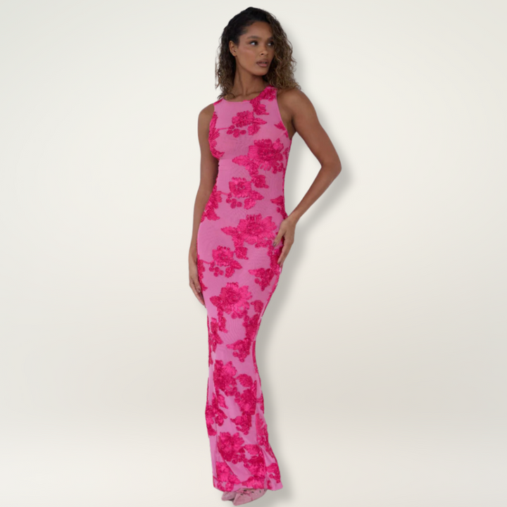 Sleeveless long dress front view on hanger, plain background.