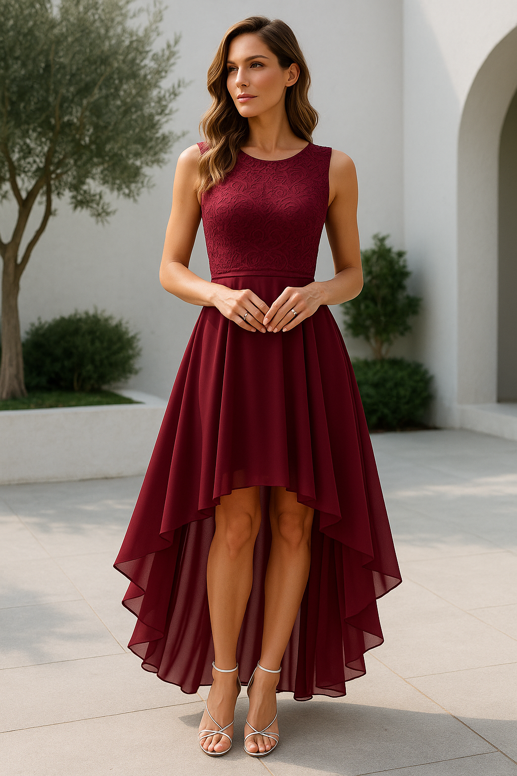 Woman wearing elegant occasion dress front view on plain gray background.