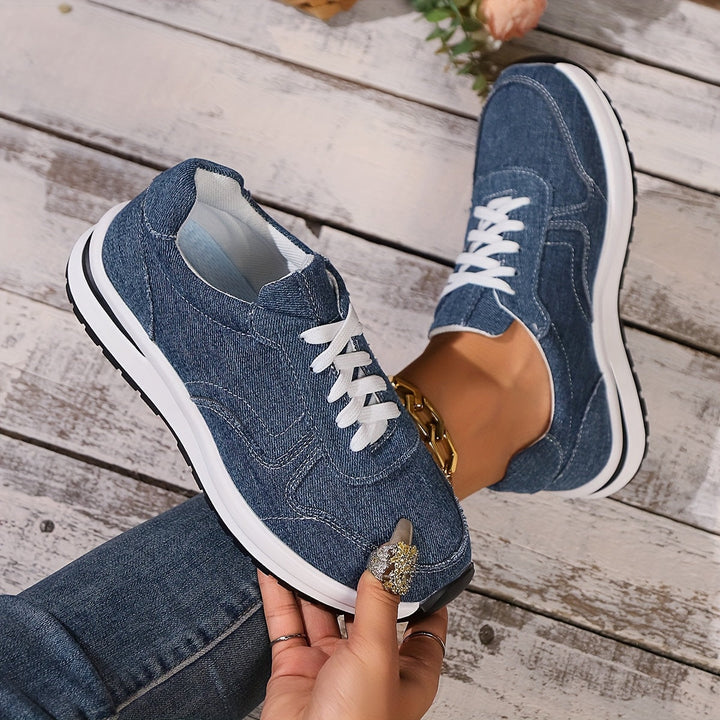 Front angle denim casual shoes with white laces