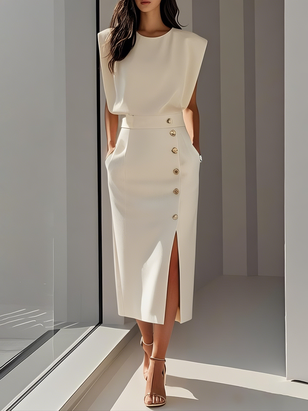 Female model wearing an elegant midi dress on a plain background.