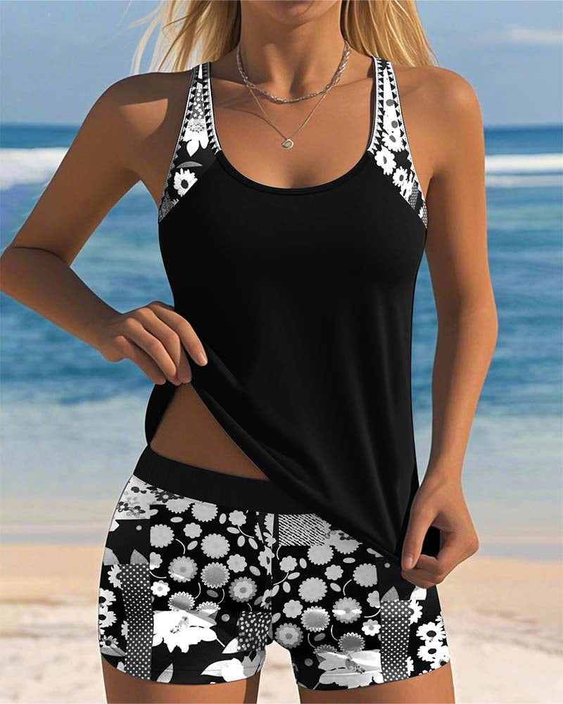 Female model in resort-style swimwear near a plain beach scene.