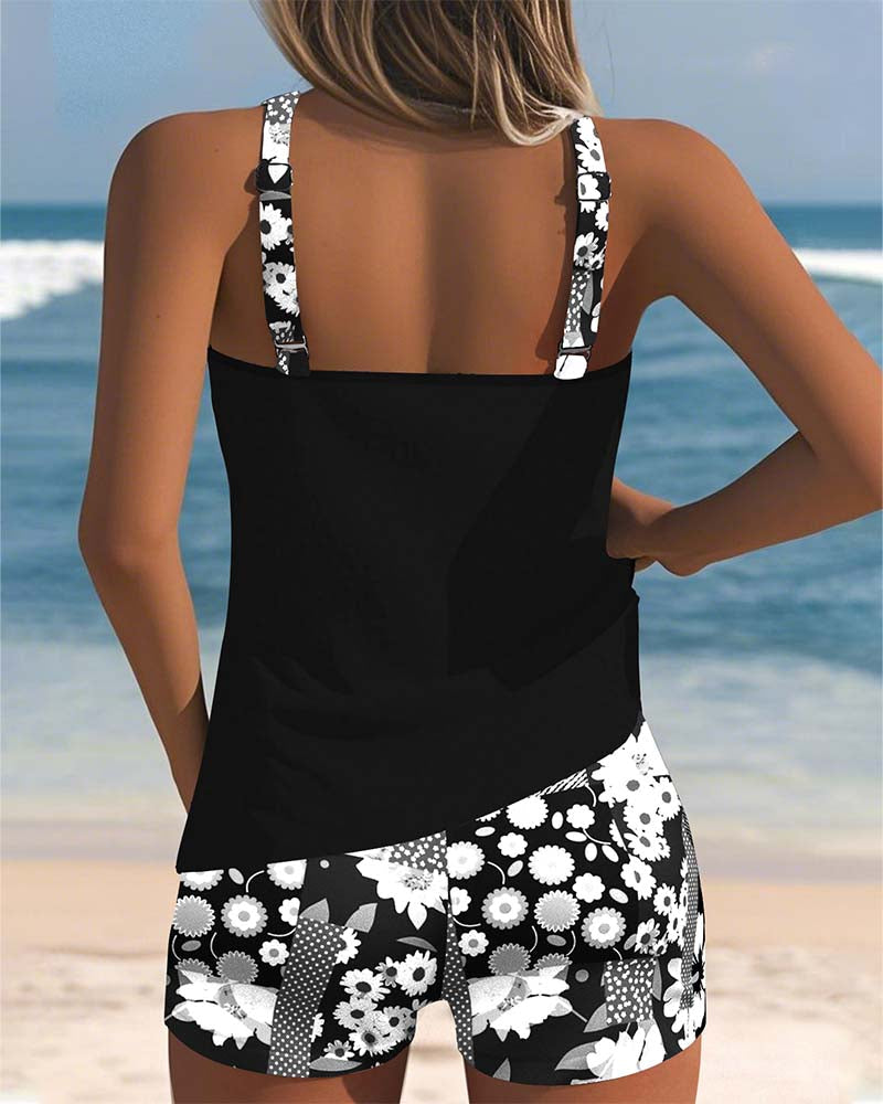 Woman wearing a two-piece swimsuit set on a beach background, back view