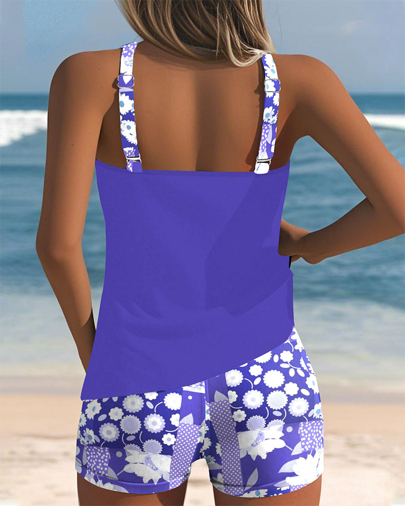 Female model in a coordinated swimsuit set with a beach background.