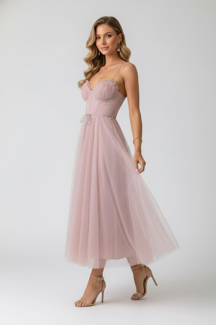 Woman posing in midi tulle dress on plain gray background.