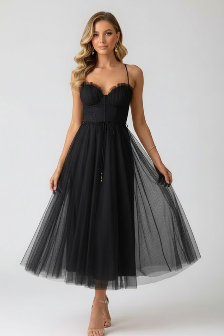 Female model in romantic midi dress against plain gray background.