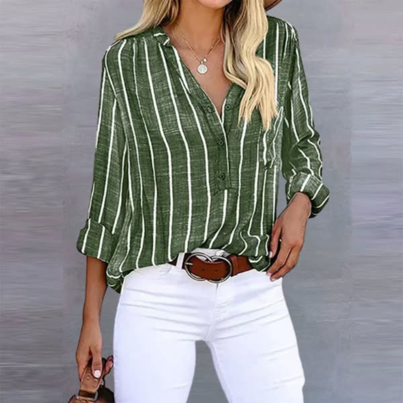 Female model in a striped button-front top against a clean background.