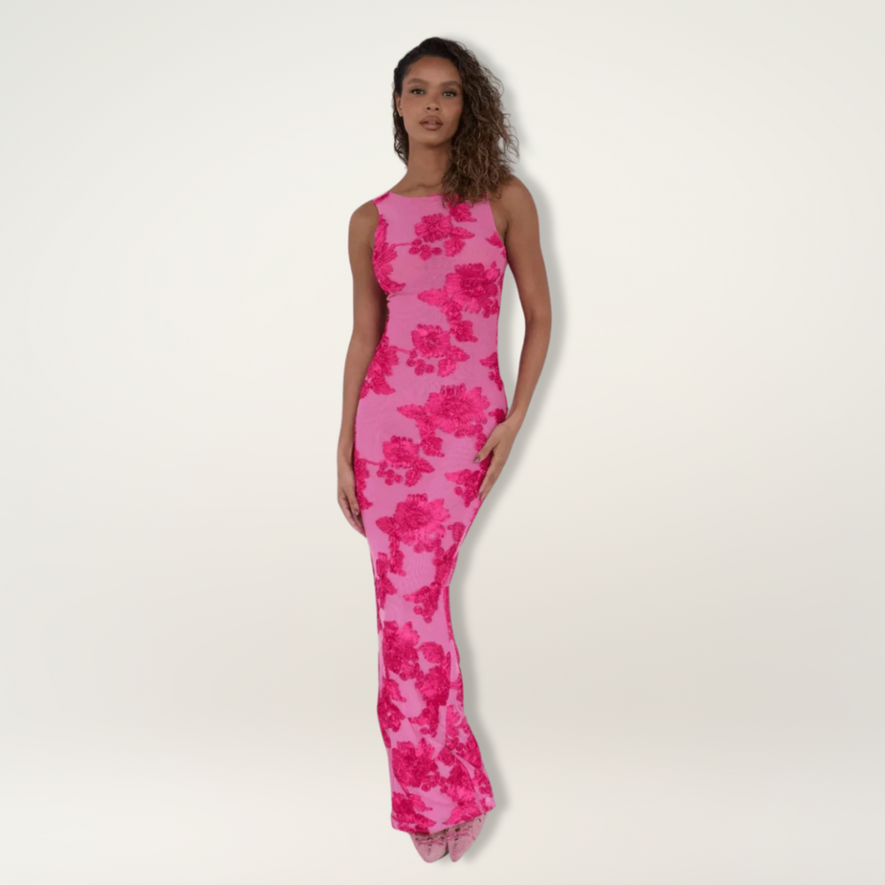 Fitted ankle-length dress hanging neatly against a plain background.