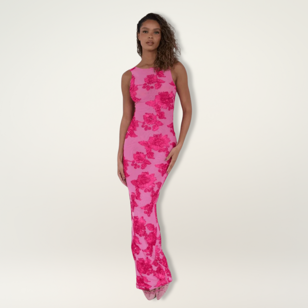 Fitted ankle-length dress hanging neatly against a plain background.