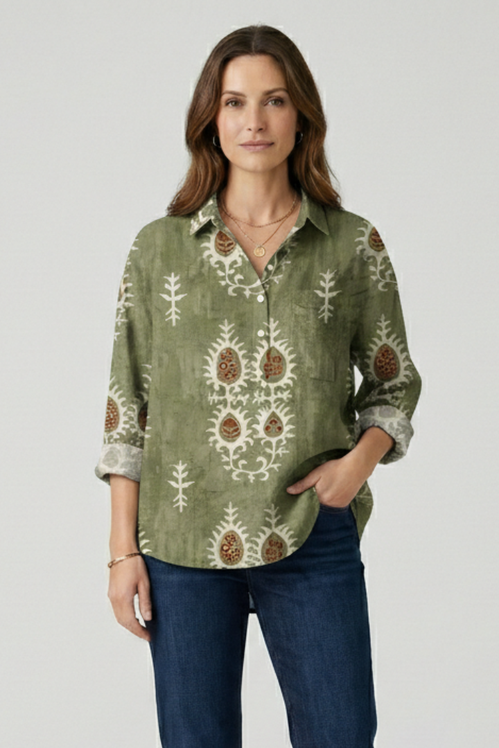 floral blouse front detail rounded hem coverage