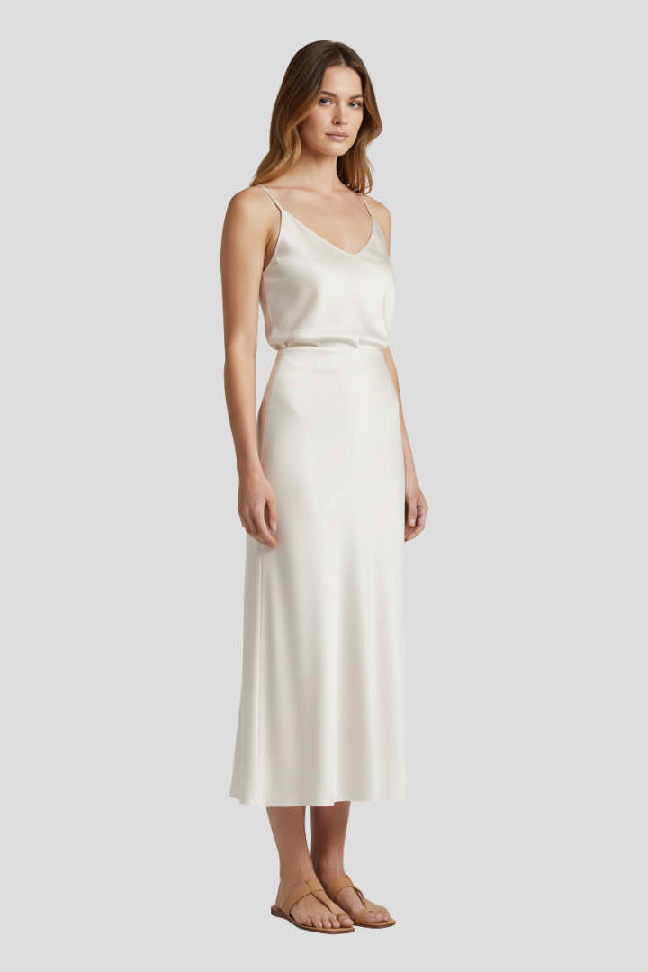 Side view satin-look midi skirt on model, gray background