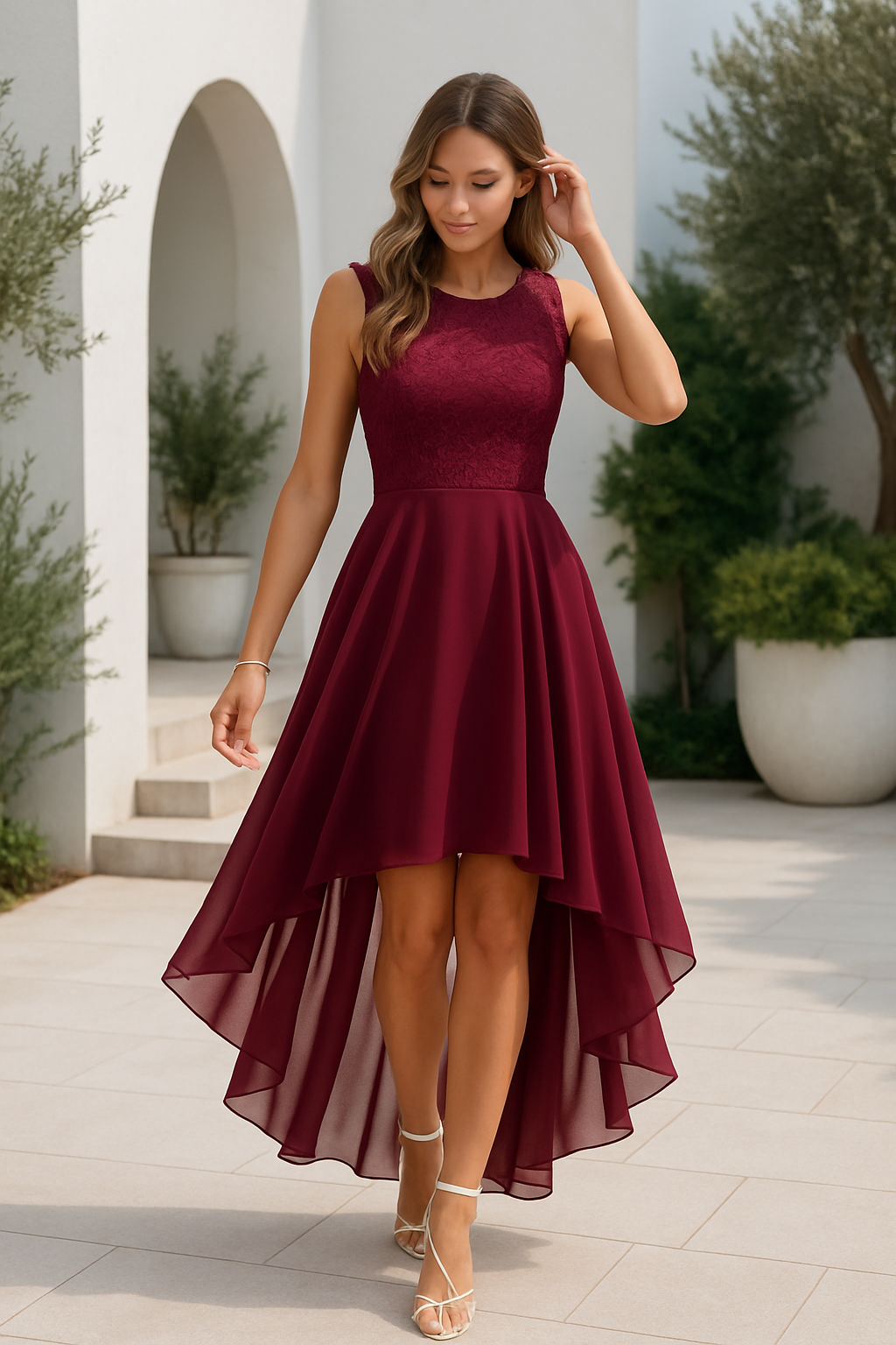 Female model posing in flowing dress side angle plain gray background.