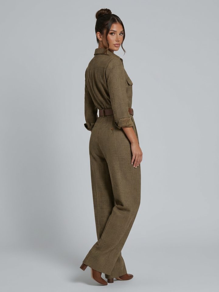 Model in a check wide-leg jumpsuit on a plain background