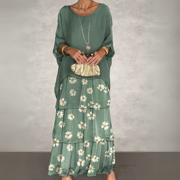 Sage green layered maxi dress with daisy print