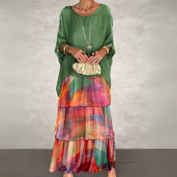 Bright multicolored pleated maxi dress front view