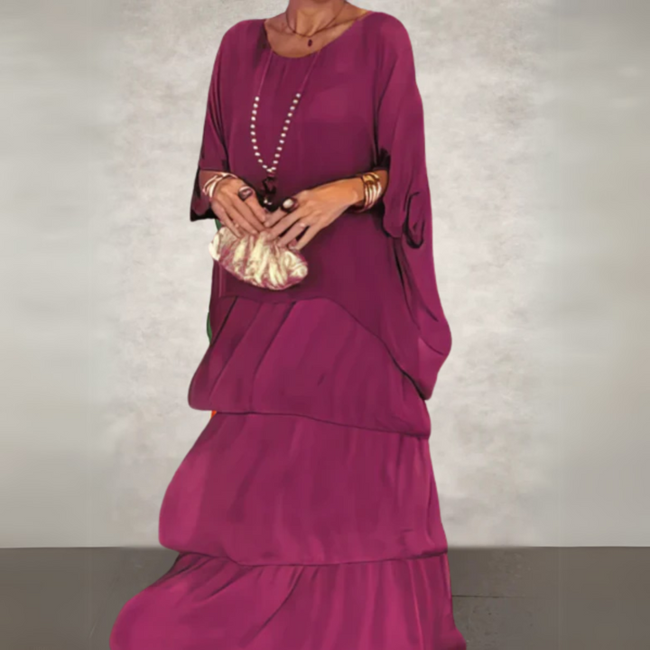 Boho layered red dress with plain and drape