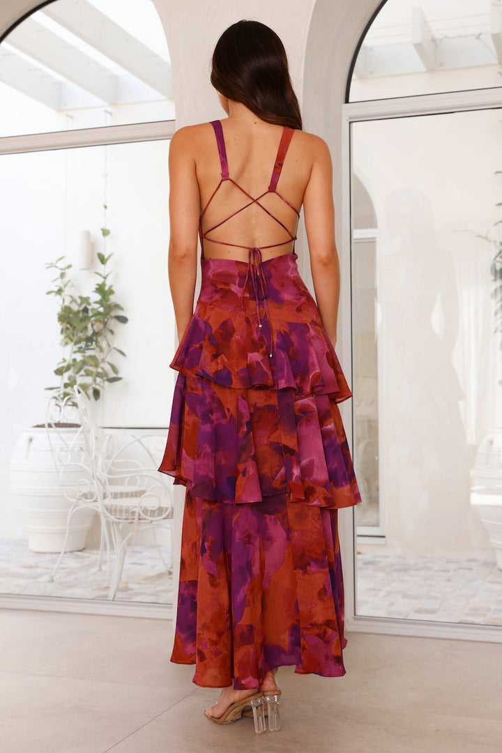 Back close detail neckline floral dress model plain background