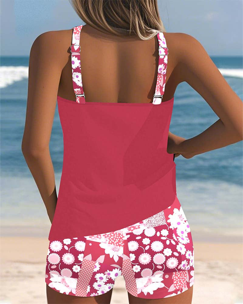 Woman wearing poolside-ready swimwear with a beach background, back view