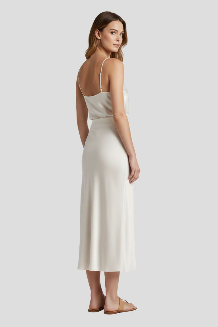 Side angle back draped midi skirt with female model