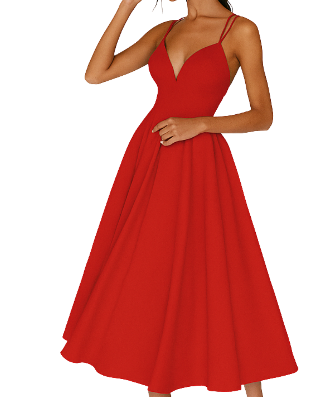 Female model showcasing a sleeveless midi dress with delicate shoulder straps.