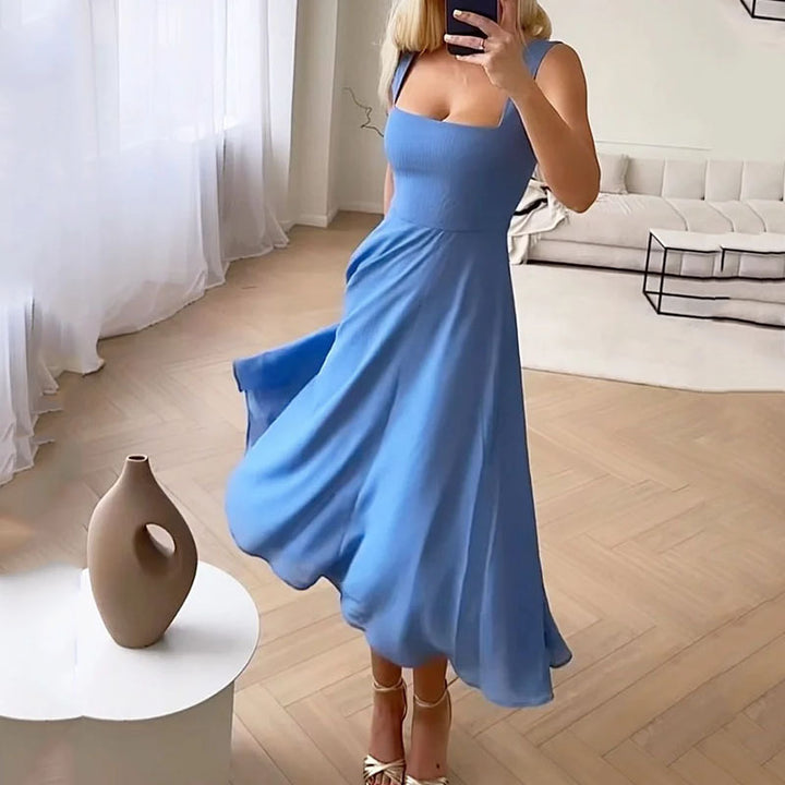 Woman walking pose elegant midi dress living space bright window background