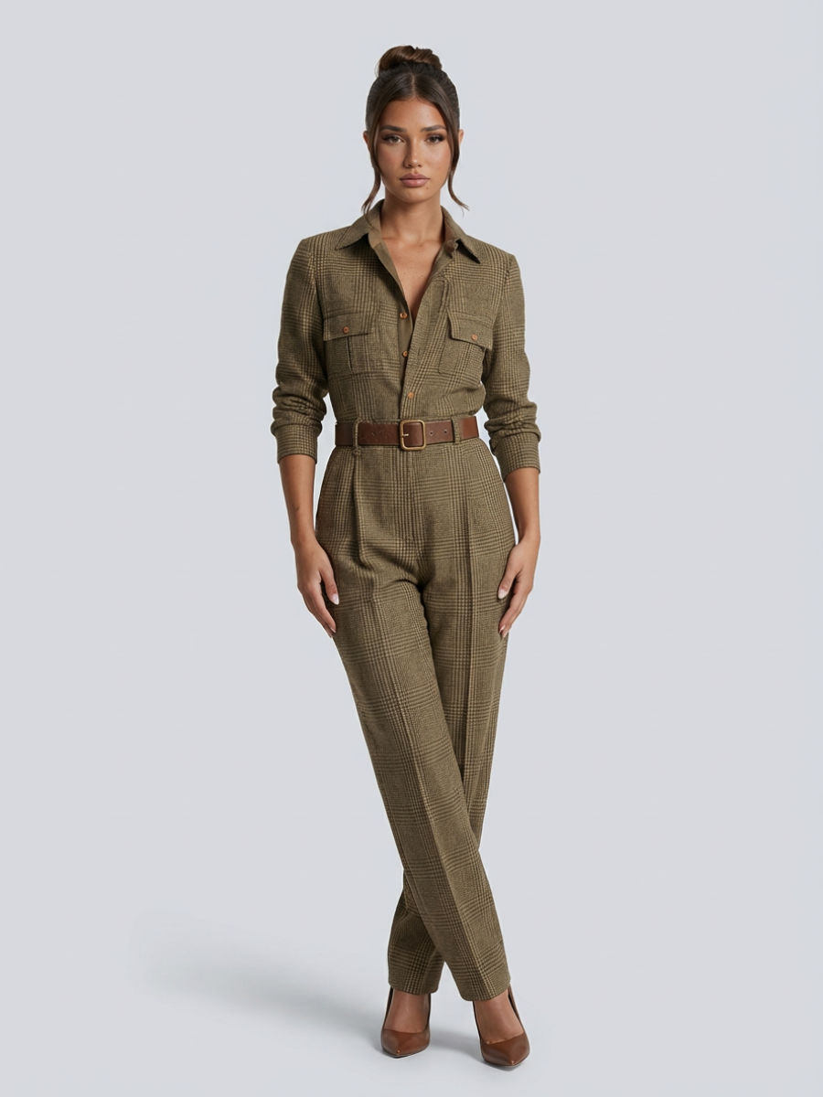 Female model wearing a beige check sleeveless wide-leg jumpsuit on a plain background.