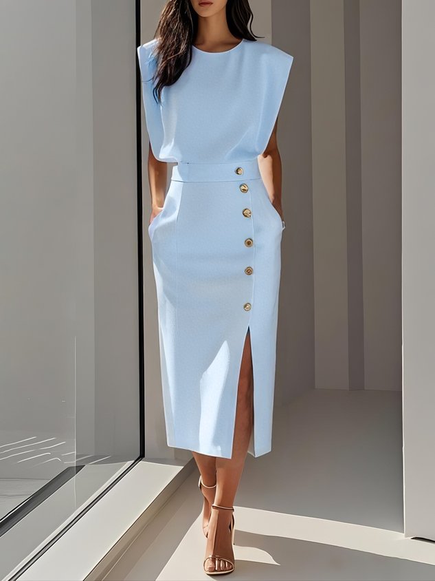  Female wearing a polished midi dress with button slit detail on a plain background.