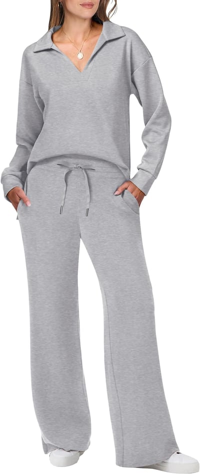 Female model wearing a simple coordinated lounge outfit on a plain background.
