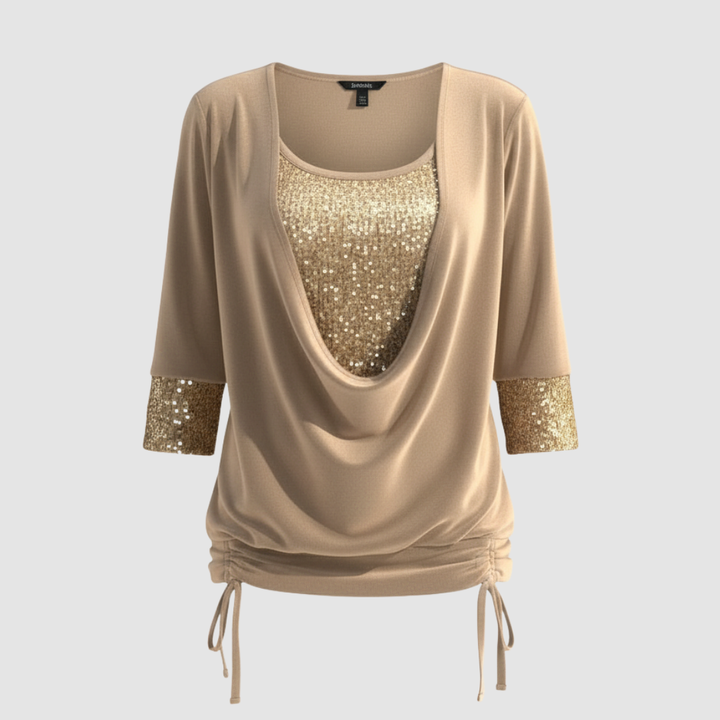 Elegant solid color blouse with sequin finish.