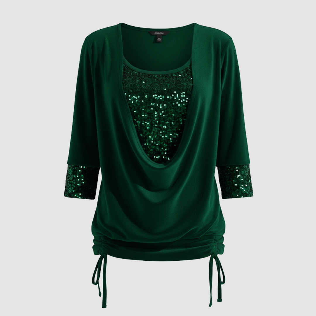 Solid color blouse with subtle sequin accents.