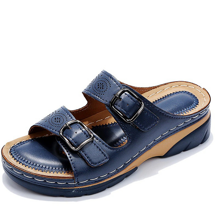 Close-up front straps alignment on foot white background