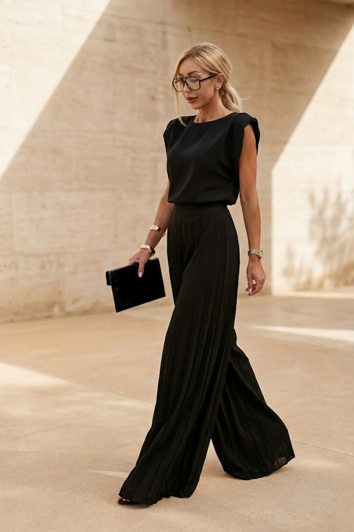 Female model posing in an elegant coordinated outfit on a plain background.