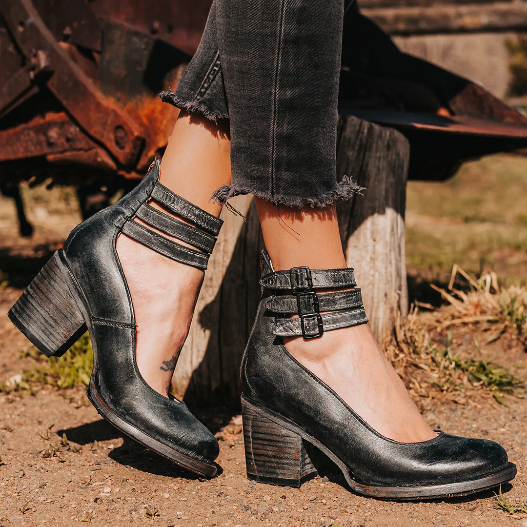 Side angle ankle strap heel black sandals